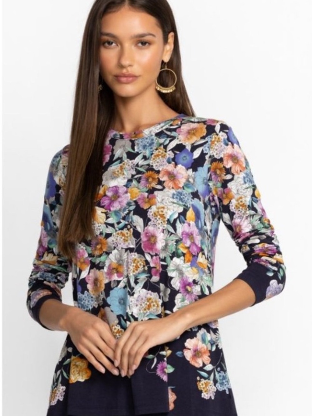 Johnny Was Navy Floral Crewneck Long-Sleeve Top